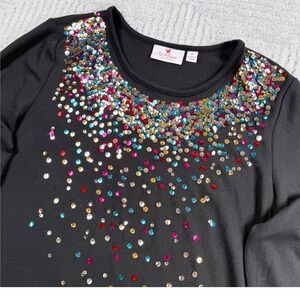 Quacker Factory Sequin Top Womens M Black Long Sleeve Holiday Sparkle Party Glam